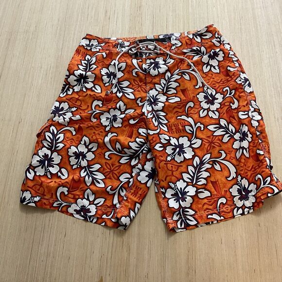 DA HUI HAWAII Board Shorts Swim Trunks Poly Hawaiian Print Orange White Size 38 - Picture 1 of 6